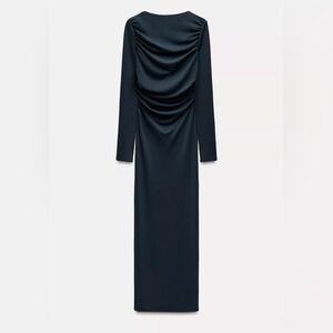 Zara Long Open Back Midi Dress Navy Blue Ruched Elegant Dress Size L